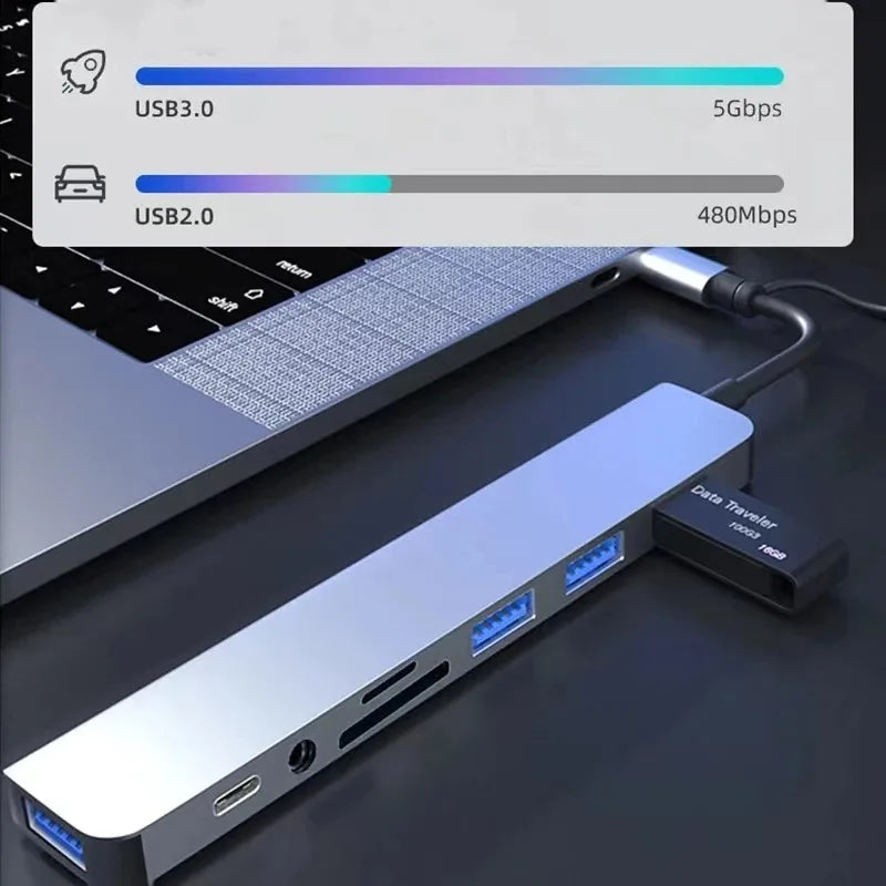 8 in 1 USB Type-C HUB with Splitter Card Reader USB 3.0 USB 2.0 SD/TF Splitter Card Reader Docking Station for HUAWEI Xiaomi PC