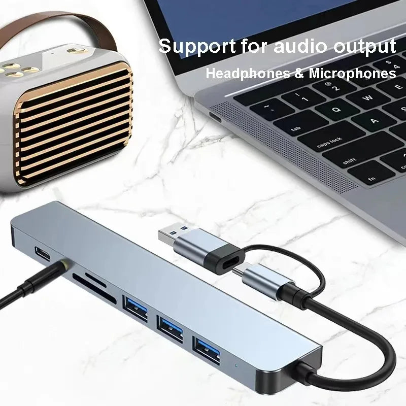 8 in 1 USB Type-C HUB with Splitter Card Reader USB 3.0 USB 2.0 SD/TF Splitter Card Reader Docking Station for HUAWEI Xiaomi PC