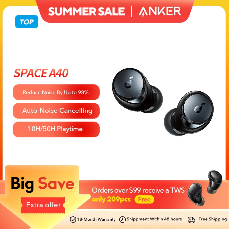 Soundcore by  Space A40 Earphones Adaptive Active Noise Cancelling Wireless Earbuds Wireless Bluetooth Headphones