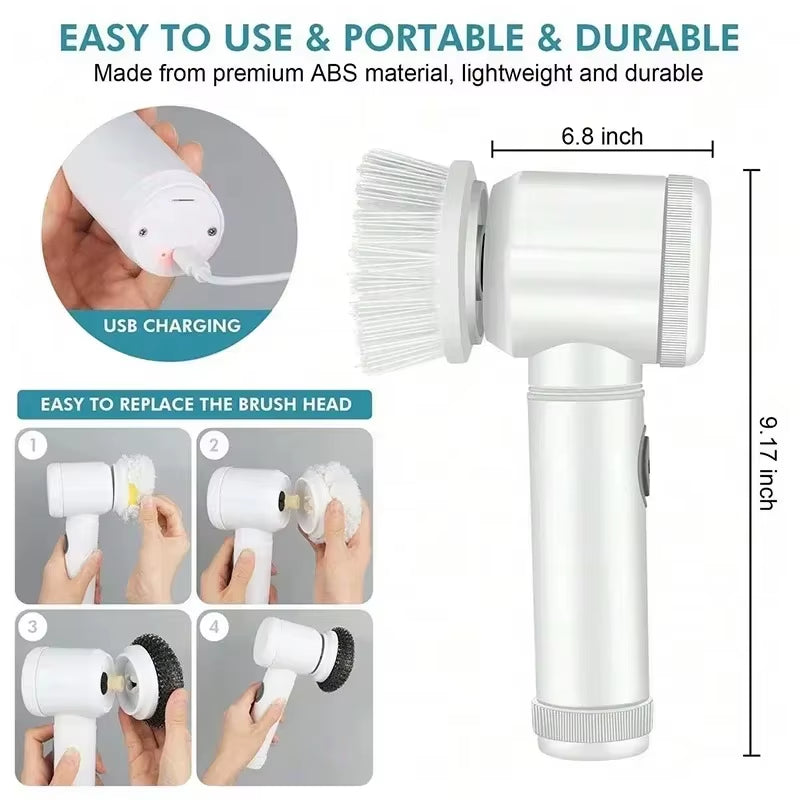 Electric Spin Scrubber Cordless Spin Scrubber with 5 Replaceable Brush Heads and Adjustable Extension Handle,5 in 1Cleaningbrush